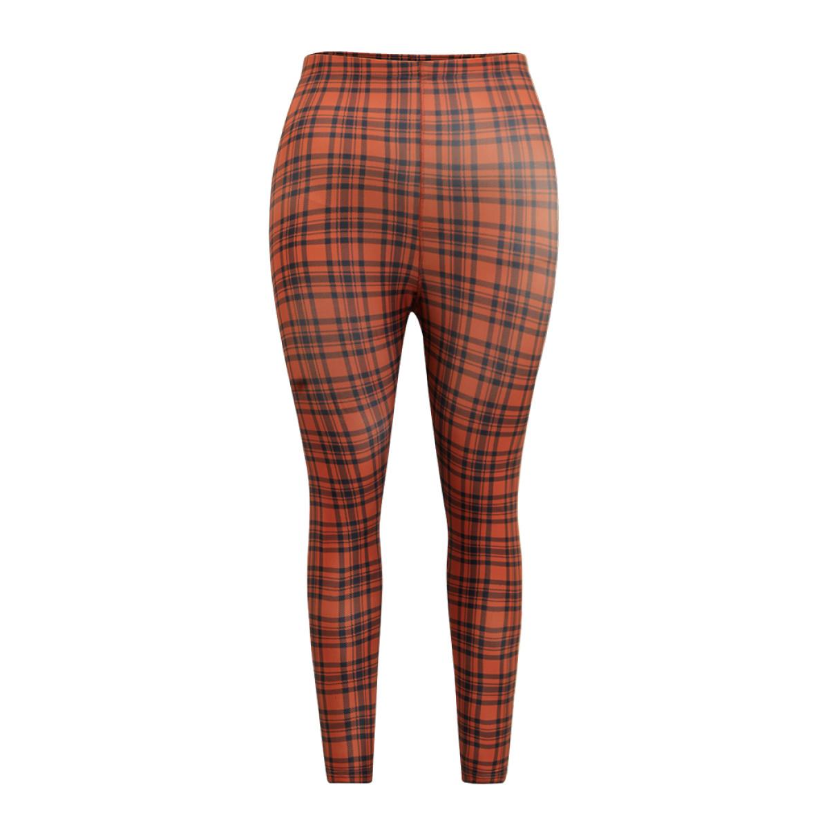 Plus Size Plaid Skinny Elastic Waist Leggings Women Chocolate Elegant High stretch Skinny High Rise Dailywear Leggings BloomChic 30/6X Product Image