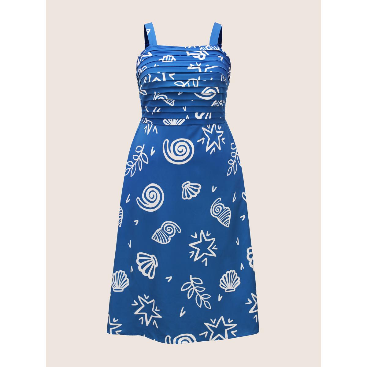 Plus Size Marine Elements Pleated Slit Hem Dress Mediumblue Women Resort Pleated Square Neck Sleeveless Curvy BloomChic 18-20/2X Product Image