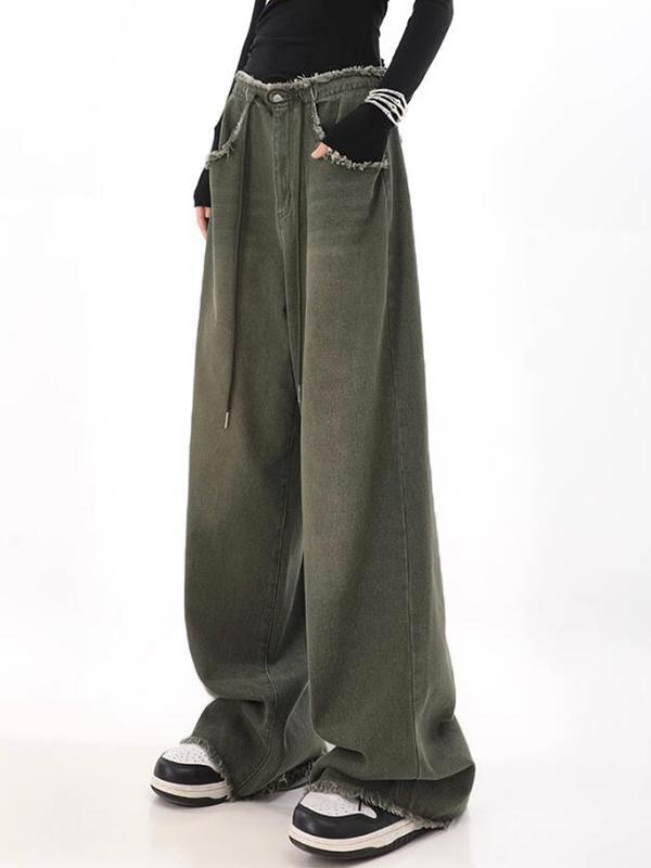 Raw Trim High Rise Drawstring Boyfriend Jeans Product Image