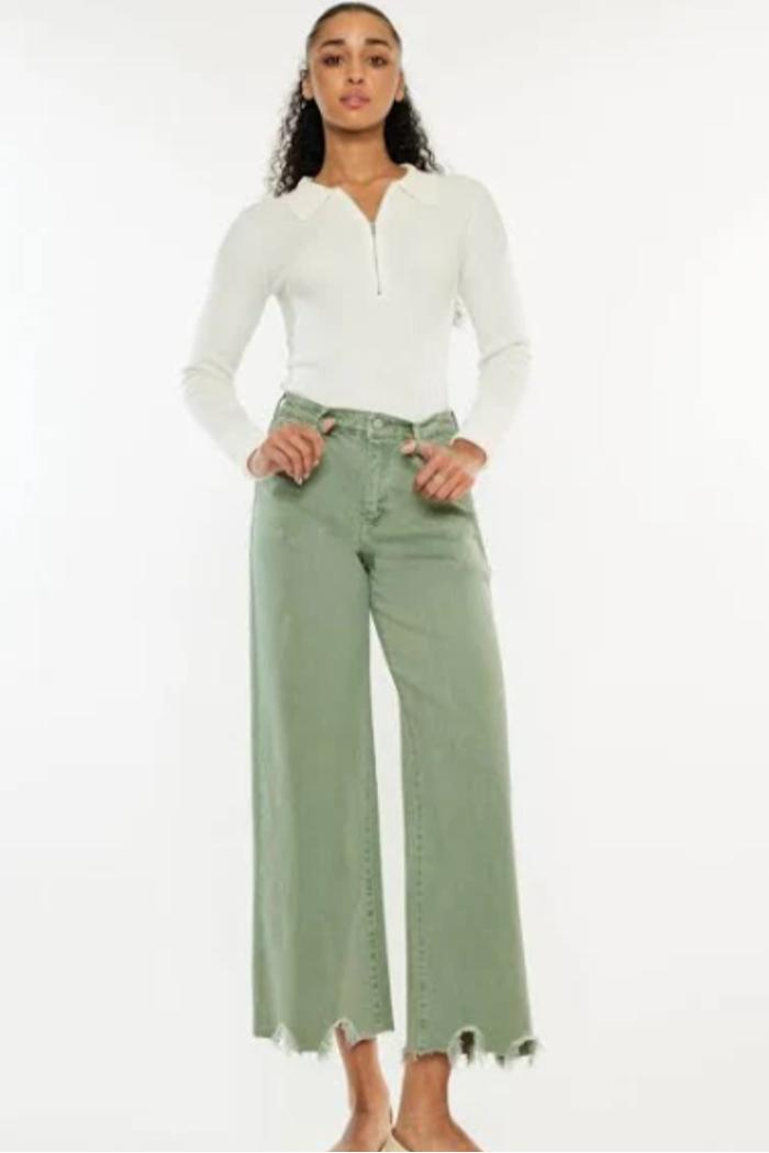 Cropped Wide Leg Jeans - olive and ecru Product Image