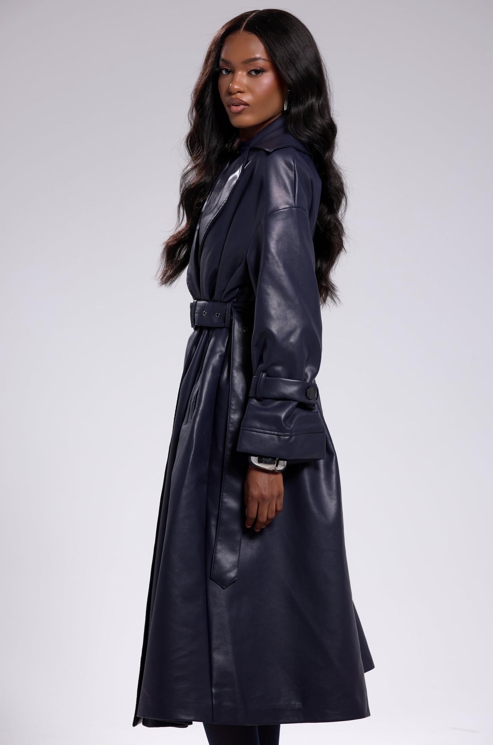 ALINNA FAUX LEATHER TRENCH IN NAVY Product Image