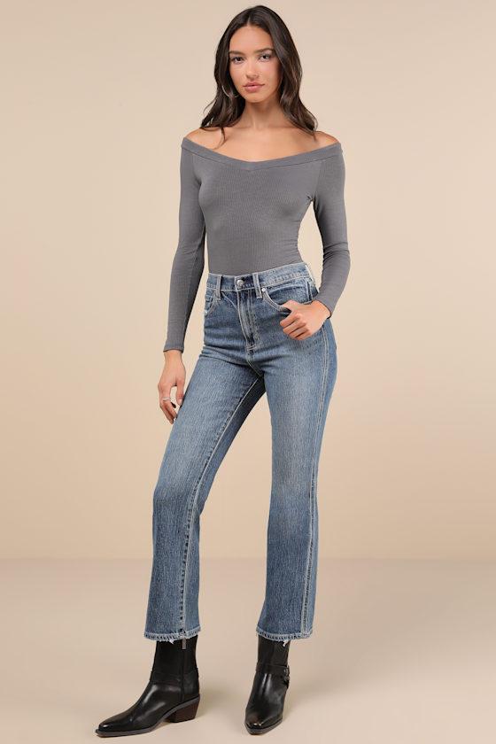 Simply Polished Dark Grey Ribbed Off-the-Shoulder Bodysuit Product Image