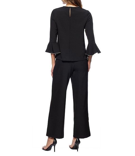 Marina Crew Neck 3/4 Bell Sleeve Rhinestone Trim 2-Piece Pant Set Product Image