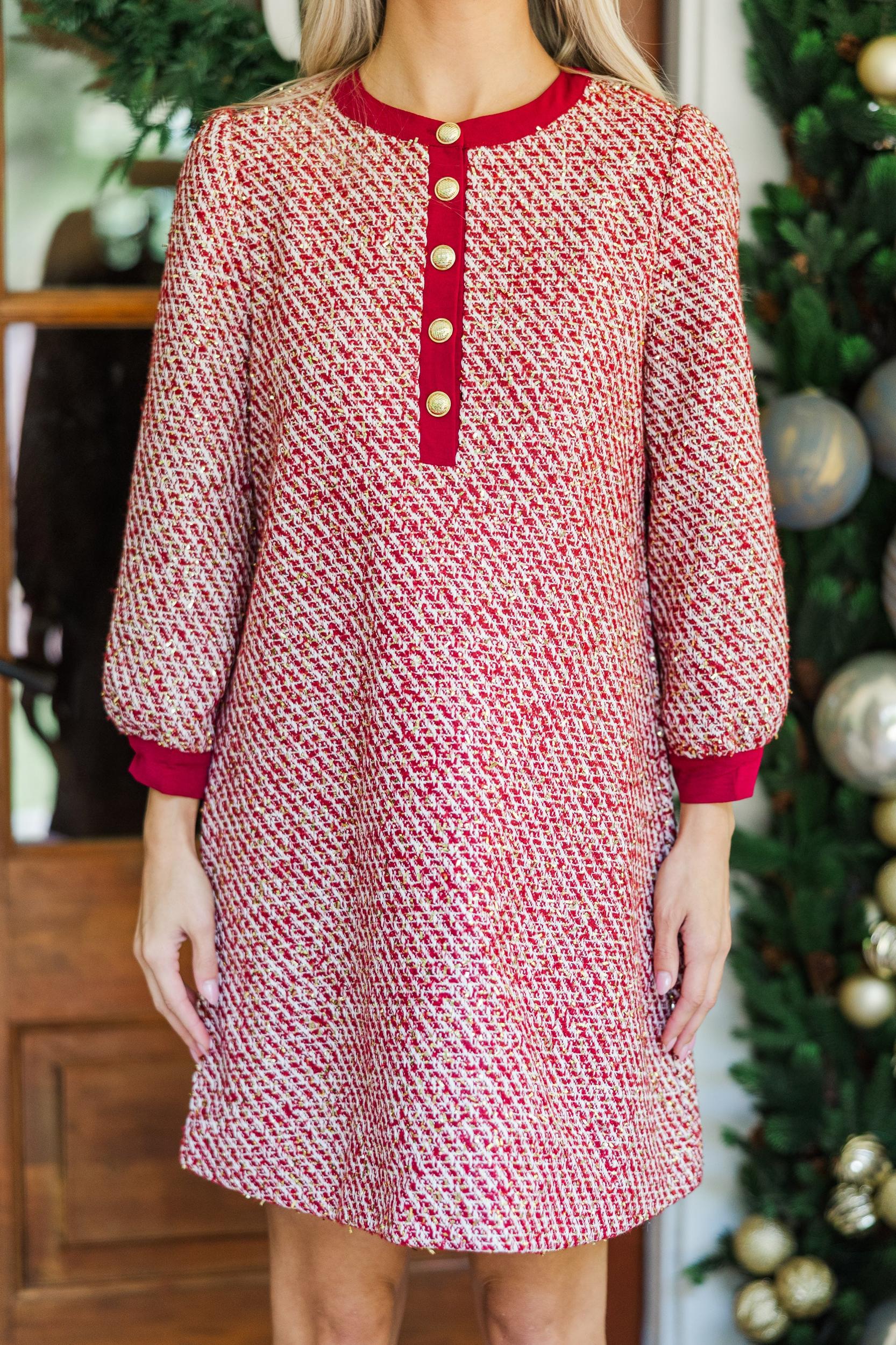 Feeling Like A Queen Burgundy Red Tweed Dress Female Product Image