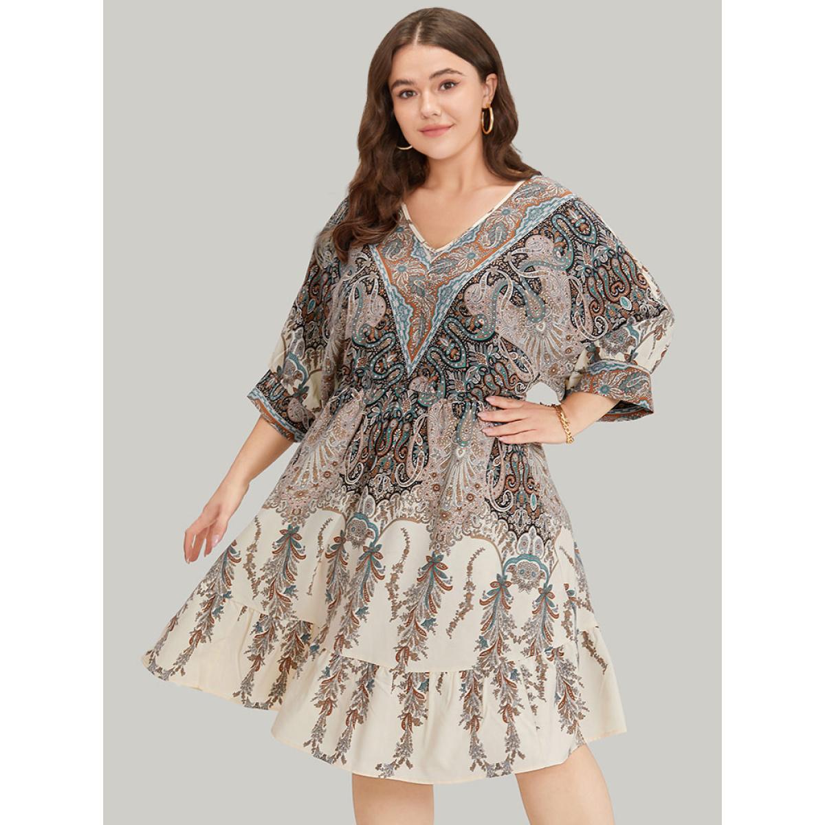 Plus Size Bandana Print Pocket Elastic Waist Patchwork Dress Multicolor Women Vacation Printed V-neck Elbow-length sleeve Curvy Midi Dress BloomChic 18-20/2X Product Image