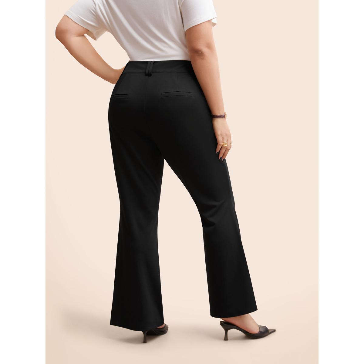 Plus Size Stretch Woven Double Button Drape Pants Women Black Workwear Essentials Bootcut Mid Rise Work Pants BloomChic 12/L Product Image