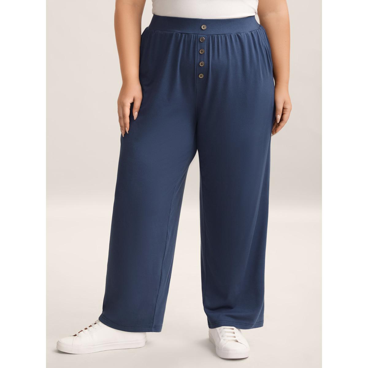Plus Size Button Front Pleated Comfy Fit Pants Women Indigo Casual Wide Leg Mid Rise Everyday Pants BloomChic 28/5X Product Image