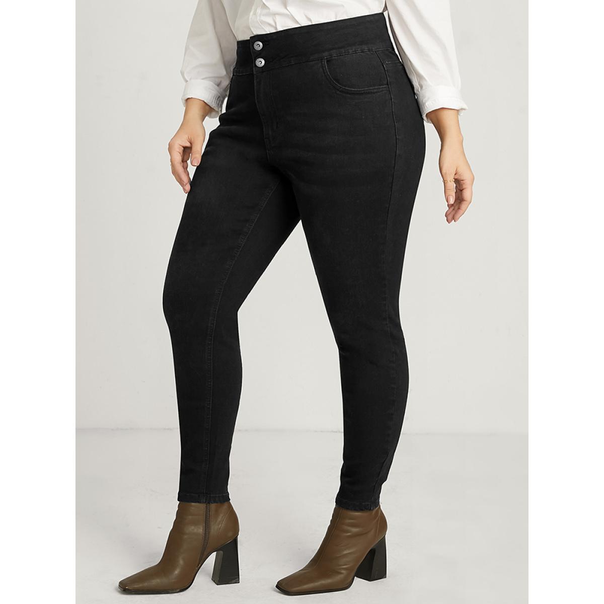 Plus Size Skinny Slightly Stretchy High Rise Black Wash Double Button Jeans Women Black Casual Plain Plain Low stretch Pocket Jeans BloomChic 14/1X Product Image
