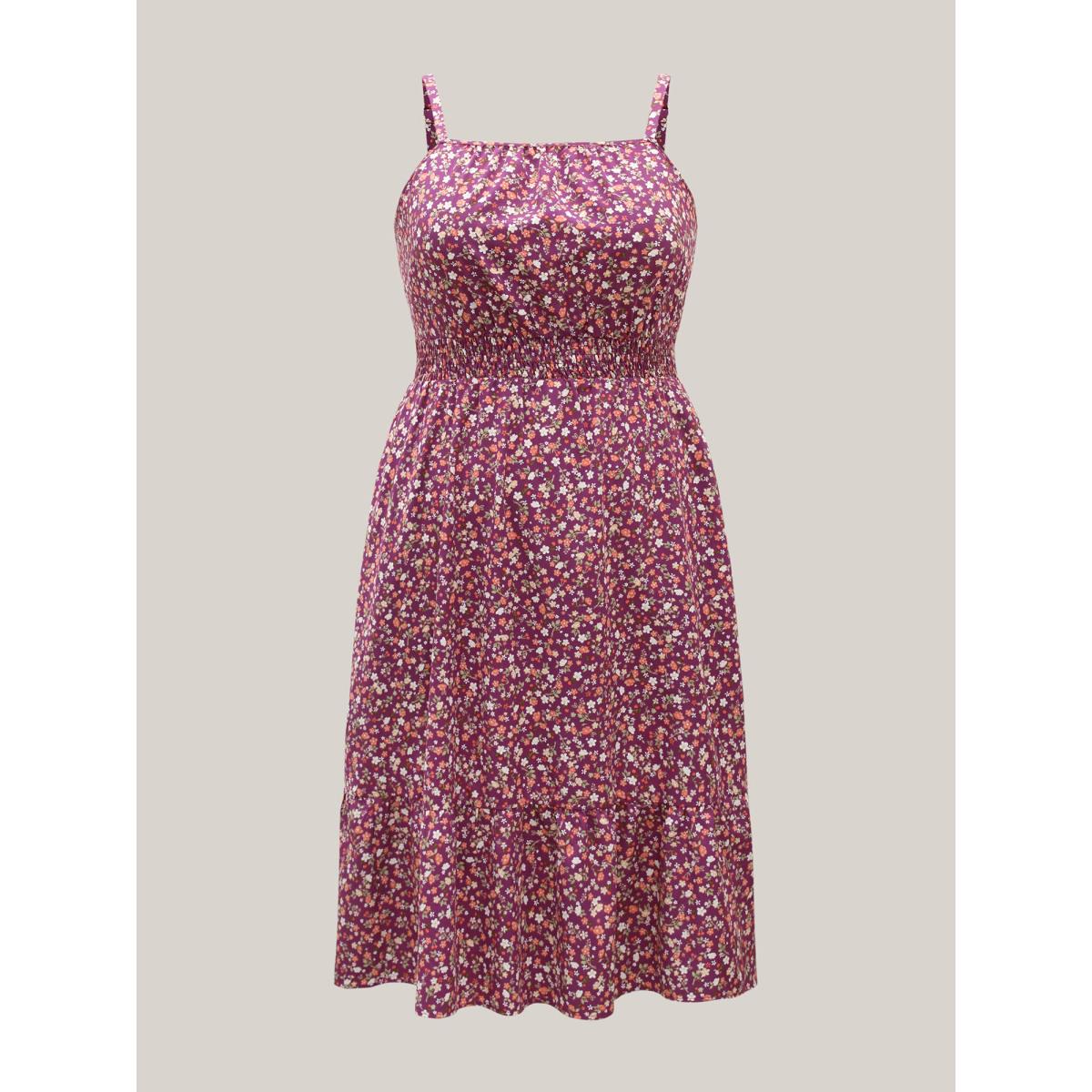 Plus Size Floral Print Shirred Pockets Midi Dress Deeppurplered Women Elegant Shirred Square Neck Sleeveless Curvy BloomChic 30/6X Product Image