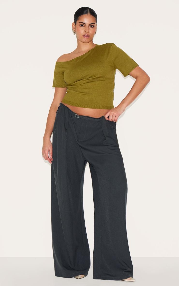 Plus Olive Basic Knit Asymmetric Neckline Top Product Image