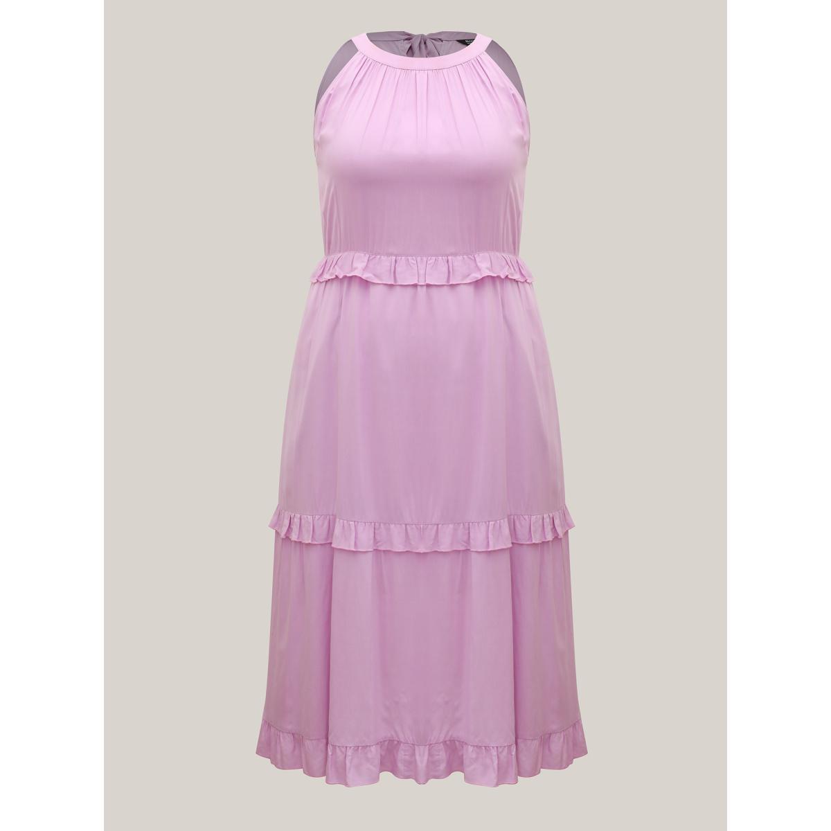 Plus Size Halter Neck Tiered Ruffles Pocket Midi Dress Lilac Women Halter neck Sleeveless Curvy BloomChic 28/5X Product Image