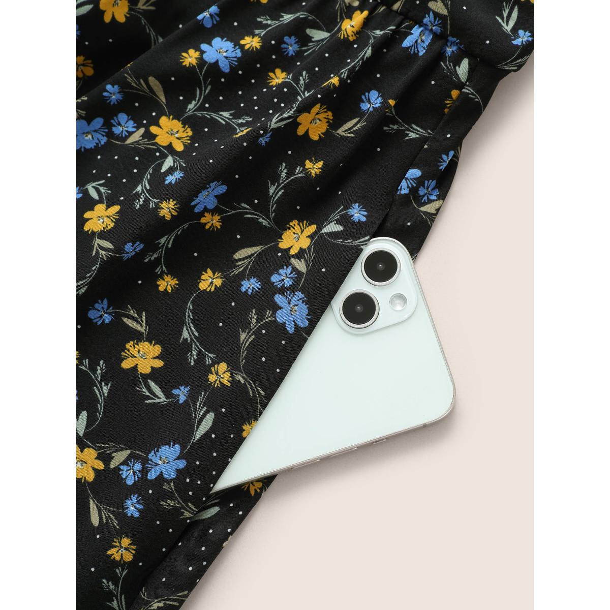 Plus Size Ditsy Floral Ruffle Half Sleeve Belted Dress Black Women Elegant Non Overlap Collar Half Sleeve Curvy Midi Dress BloomChic 12/L Product Image