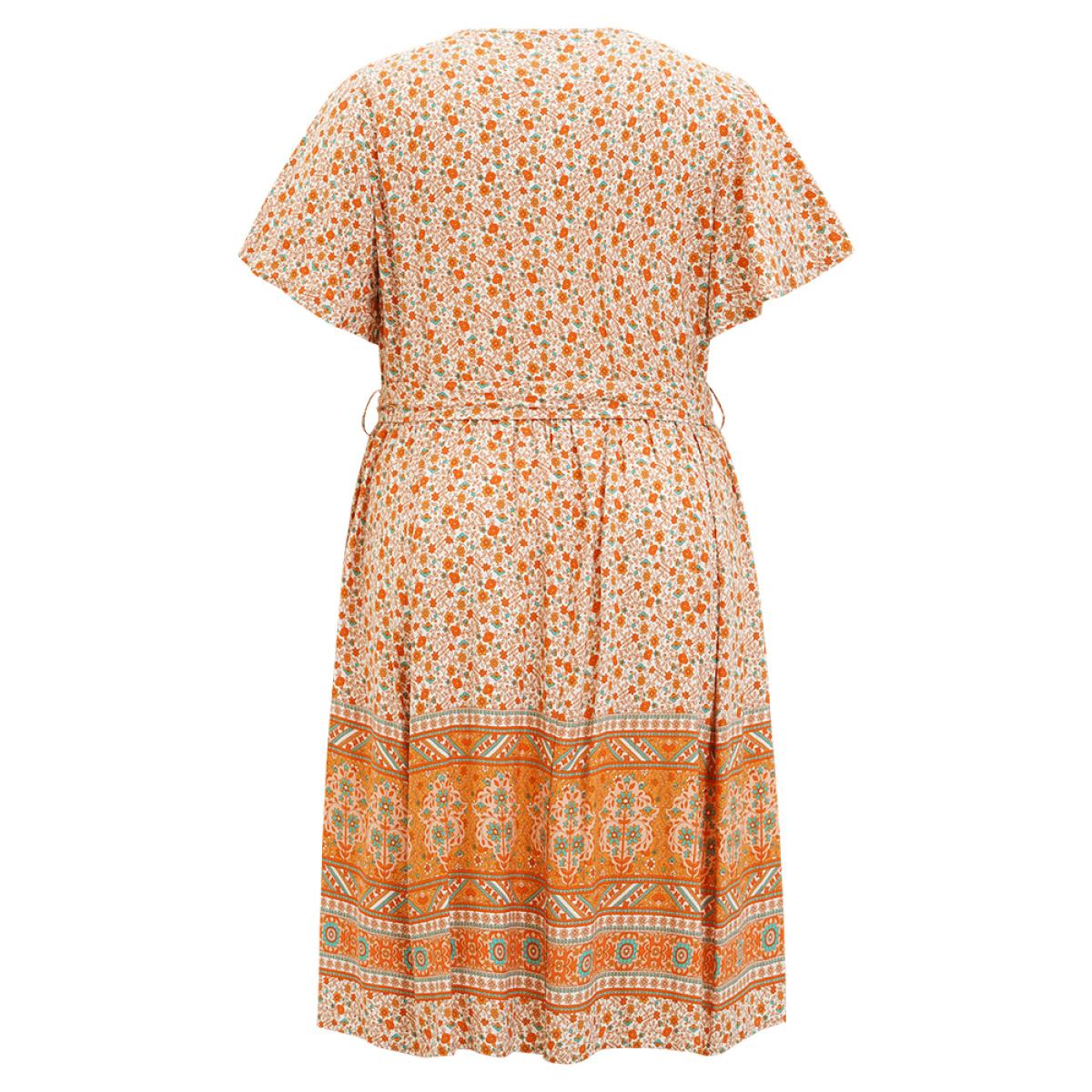 Plus Size Bandana Print Belted Pocket Flutter Surplice Neck Knee Dress Orange Women Vacation Pocket V-neck Short sleeve Curvy Knee Dress BloomChic 14-16/1X Product Image