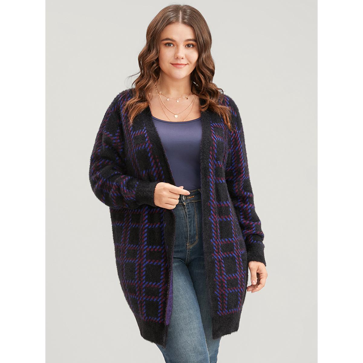 Plus Size Plaid Contrast Soft Sexy Yarn Knit Fluffy Open Front Cardigan BlackFlower Women Casual Loose Long Sleeve Everyday Cardigans BloomChic 10/M Product Image