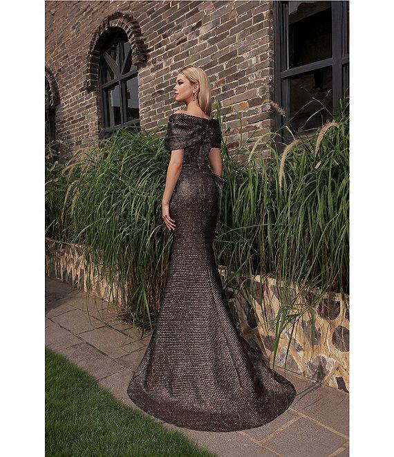Terani Couture Off-The-Shoulder Ruffle Front Metallic Jacquard Mermaid Gown Product Image