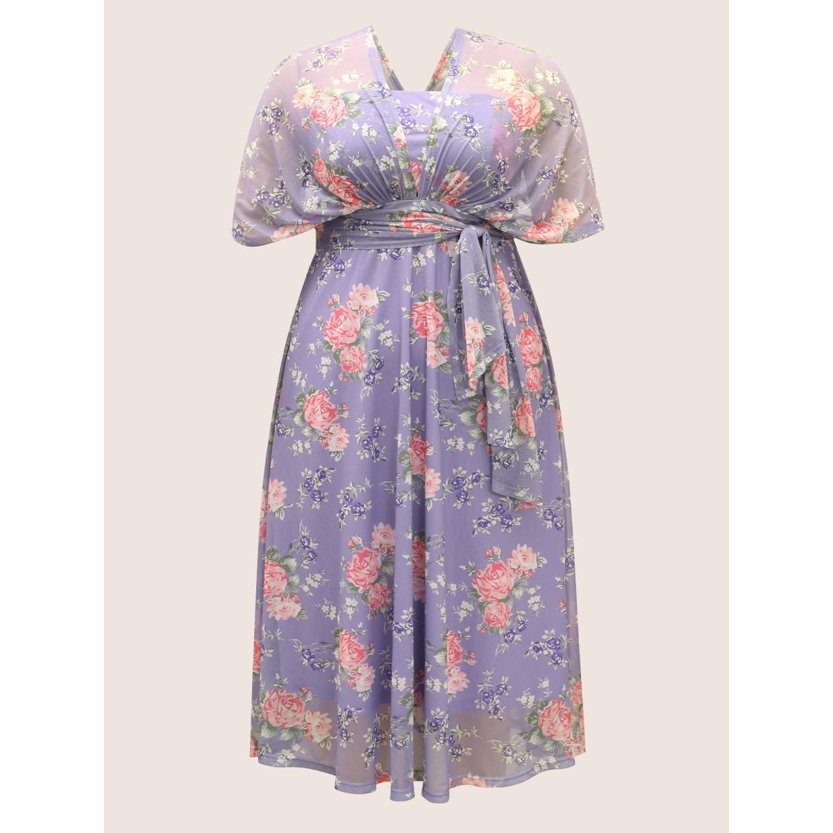 Plus Size Everywhere Dress - Mesh Floral Ruched Dress Lavender Women Elegant Belted One-shoulder neck Sleeveless Curvy BloomChic 26/4X Product Image