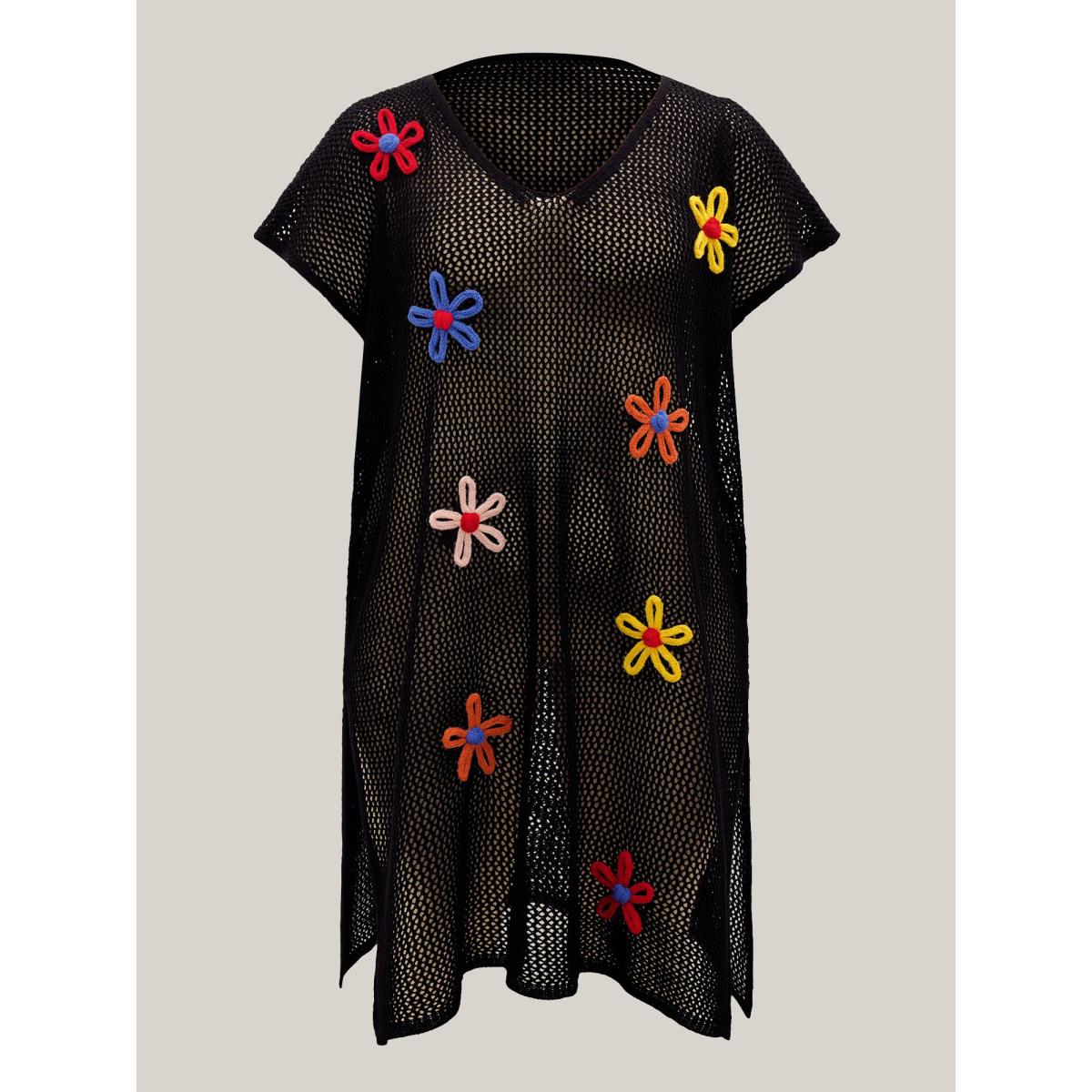 Plus Size Stereo Flower Design Slit Hem Swim Cover Up Women's Swimwear Black Resort Loose Crochet Curve Swim Cover Ups BloomChic 22-24/3X Product Image