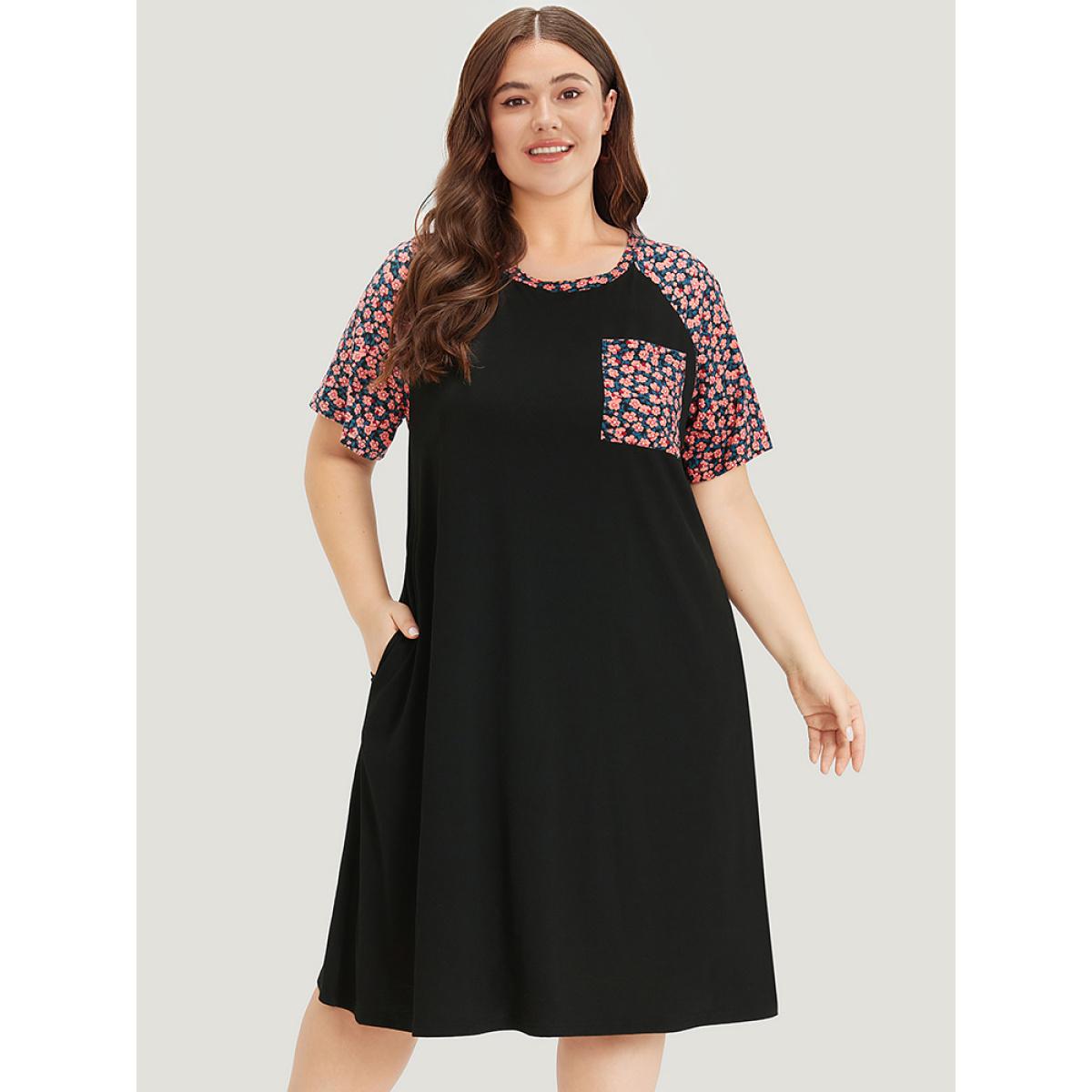 Plus Size Supersoft Essentials Ditsy Floral Raglan Sleeve Patched Pocket Dress Black Women Casual Plain Round Neck Short sleeve Curvy Midi Dress BloomChic 14-16/1X Product Image