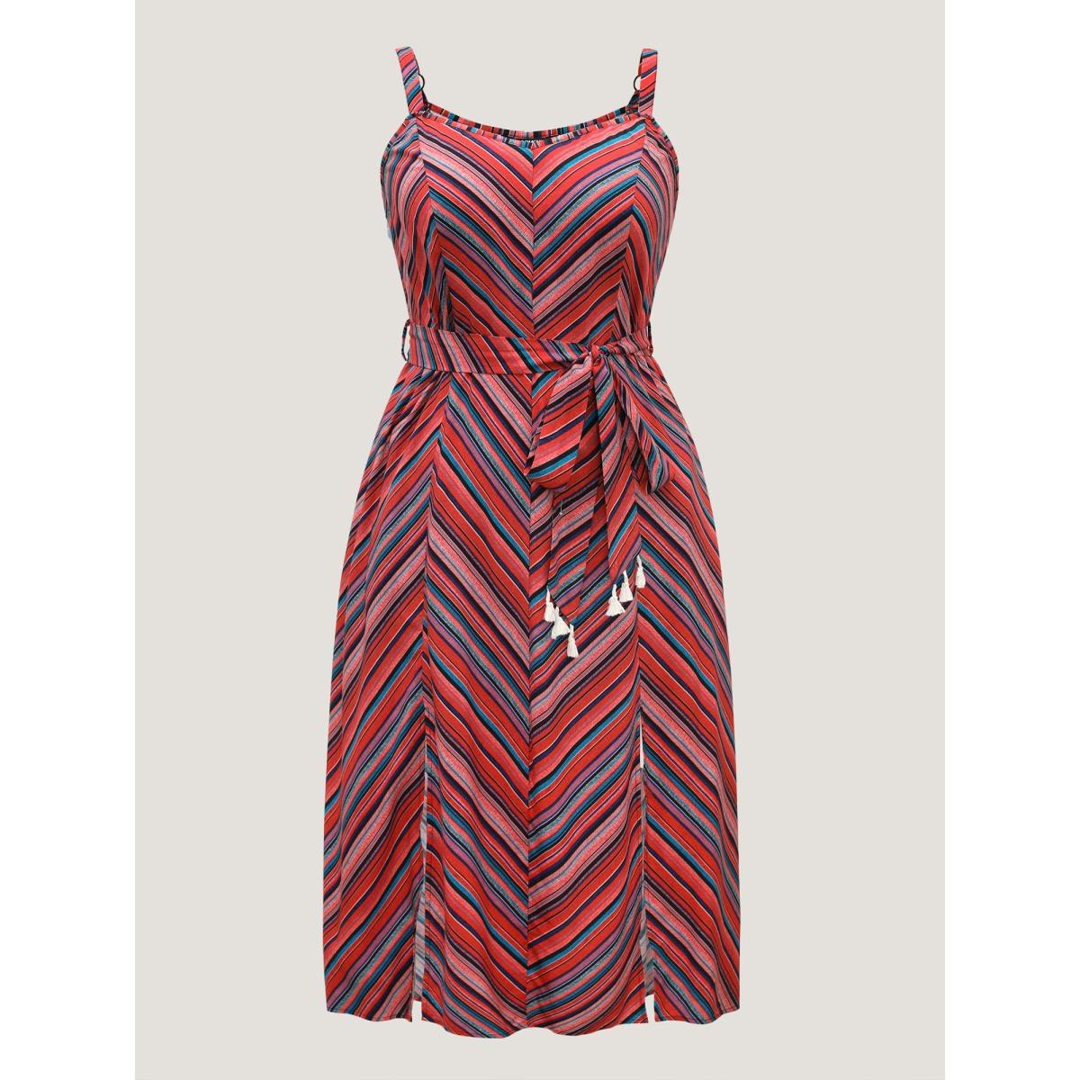 Plus Size Boho Stripe Waist-Tie Cami Midi Dress Rosered Women Heart neckline Sleeveless Curvy BloomChic 10/M Product Image