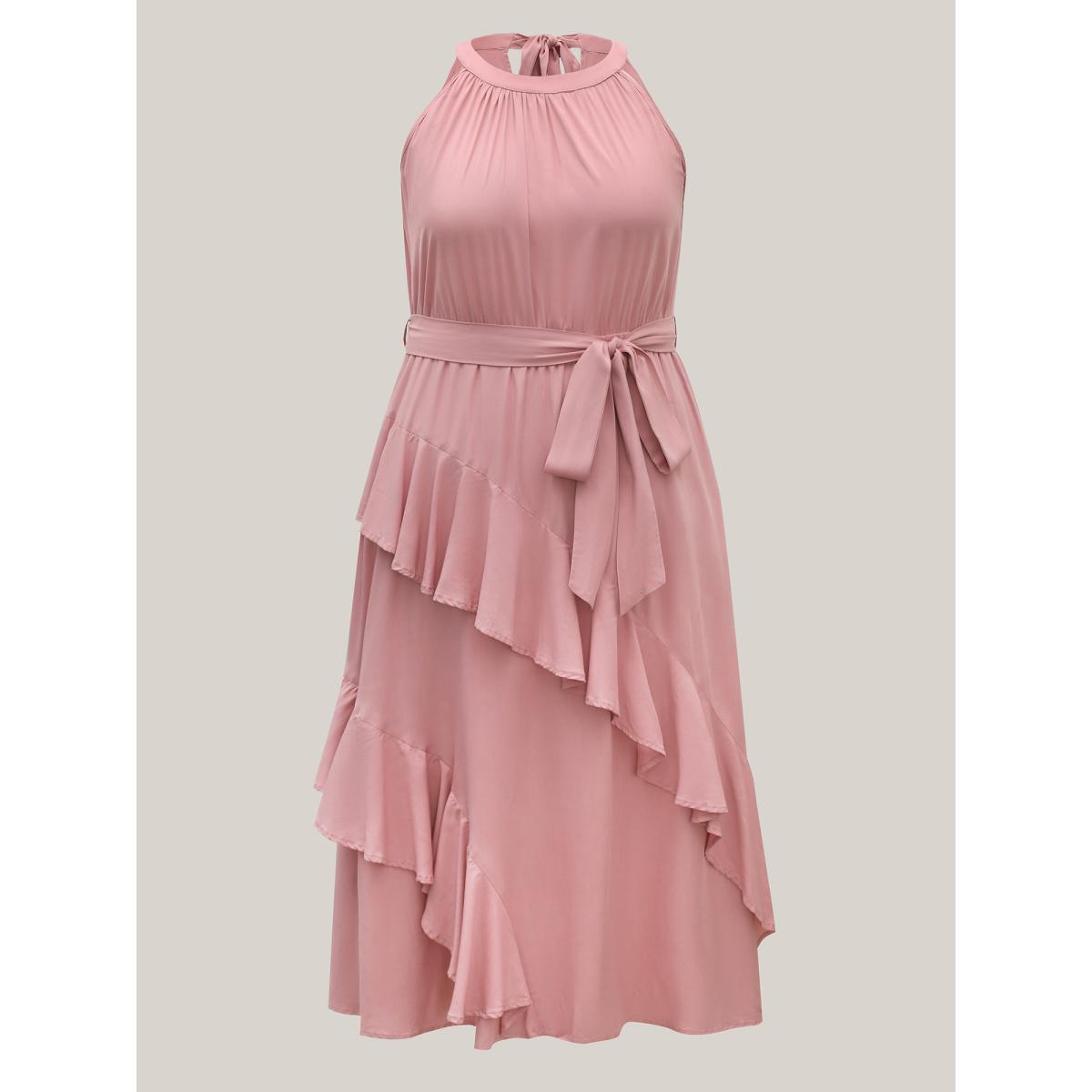 Plus Size Ruffled Halter Neck Solid Midi Dress Watermelon Women Halter neck Sleeveless Curvy BloomChic 12/L Product Image