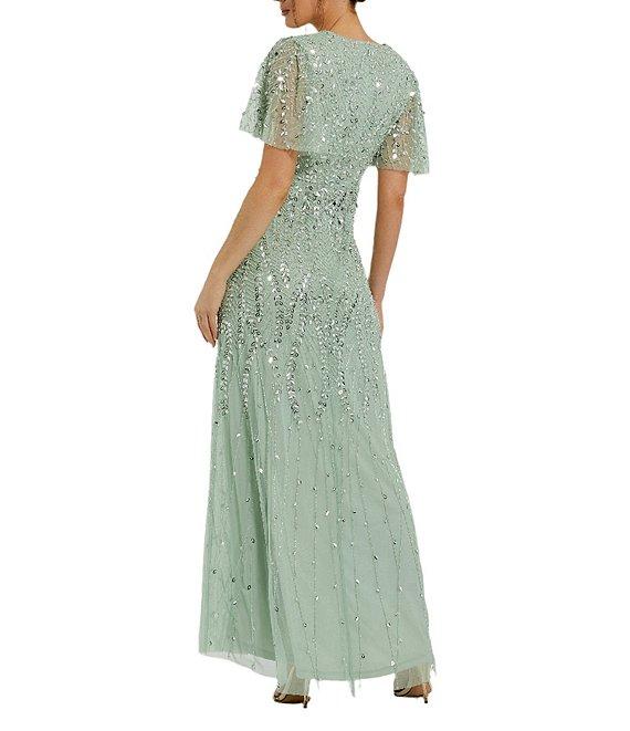 Mac Duggal Flutter Short Sleeve Surplice V-Neck Beaded Sheath Gown Product Image