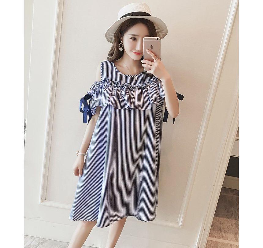 Maternity Short-Sleeve Round Neck Cold Shoulder Striped A-Line Dress Product Image