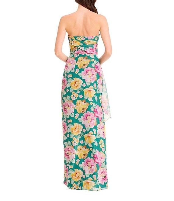 Dress the Population Lulu Strapless Side Ruched Metallic Floral Chiffon Column Gown Product Image