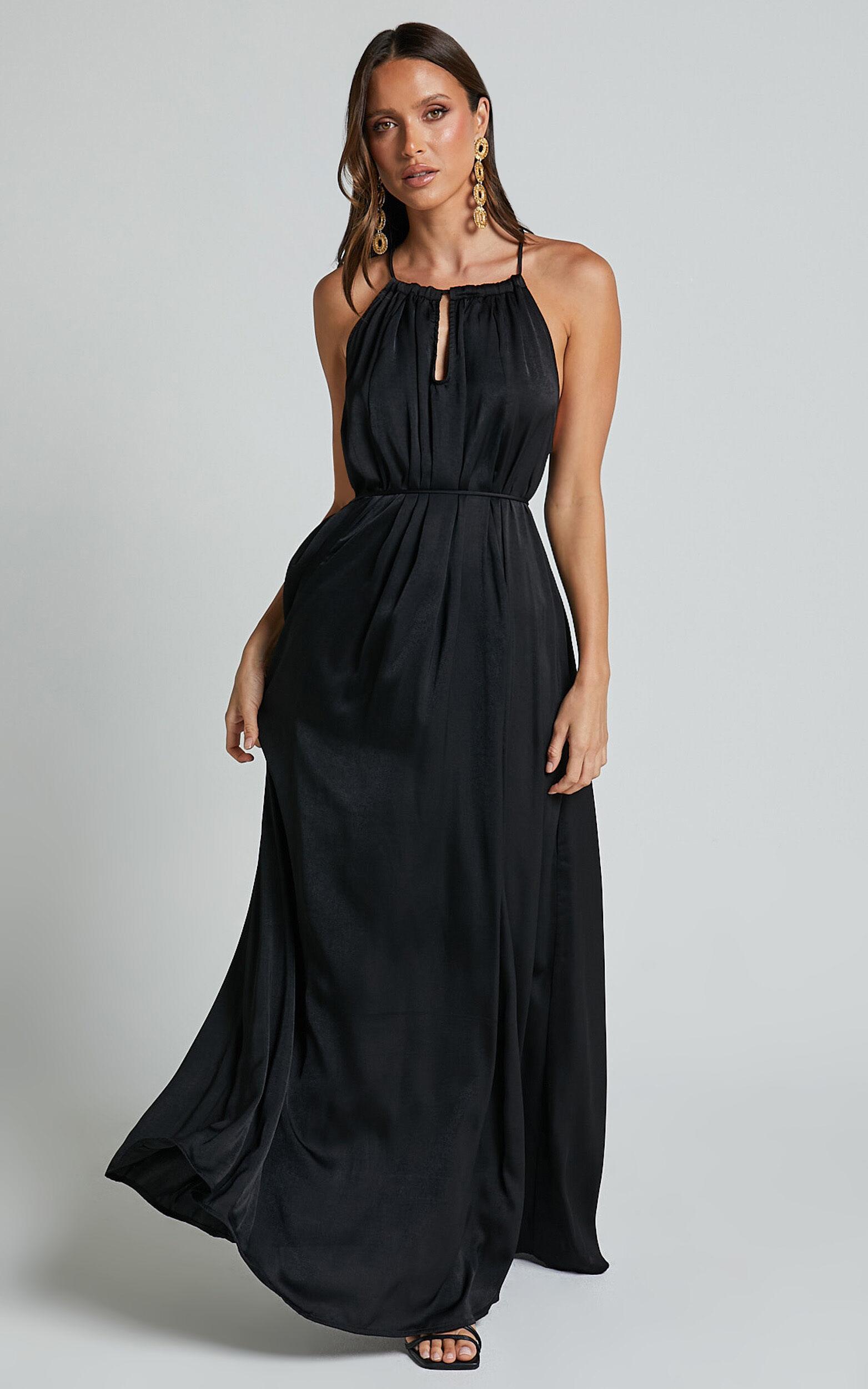 Aliciana Maxi Dress - Halter Neck Tie Back Dress in Black Product Image