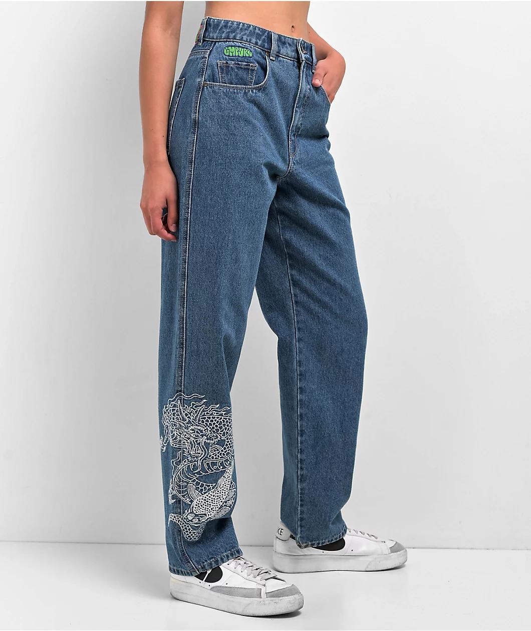 Empyre Tori Dragon Embroidery Blue Denim Skate Jeans Product Image