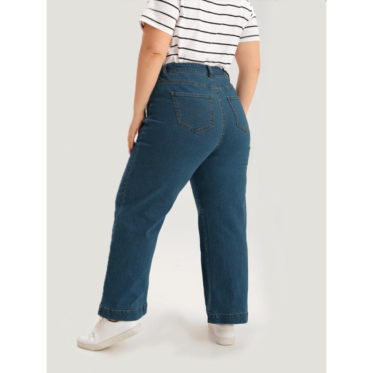 Plus Size Solid Patchwork Wide Leg Medium Wash Jeans Women Cerulean Casual Plain Plain High stretch Pocket Jeans BloomChic 14/1X Product Image