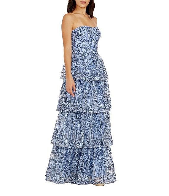 Dress the Population Aubriella Strapless Bustier Bodice Tiered Embroidered Floral Mesh Aline Gown Product Image