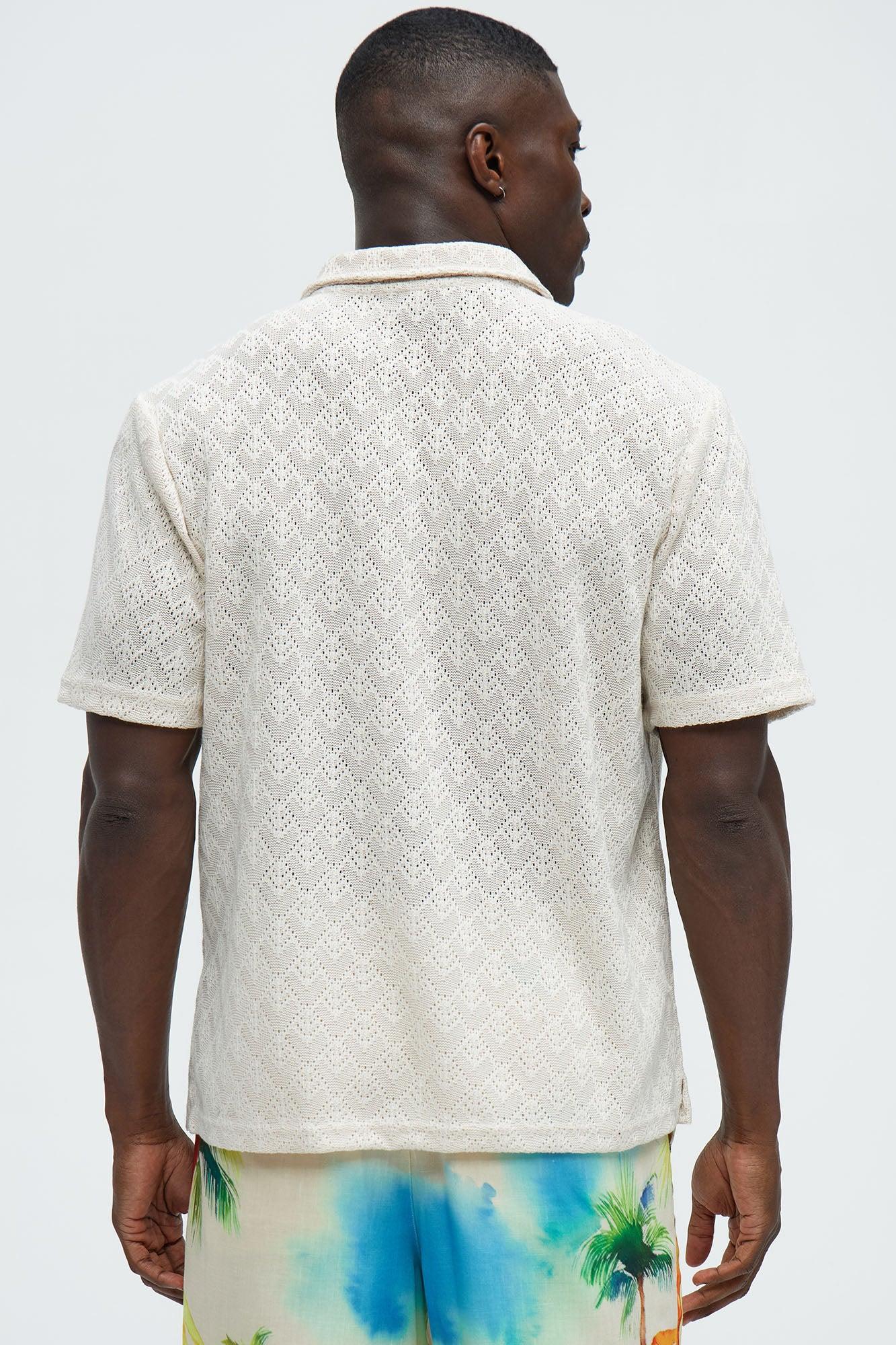 Diamond Shape Knit Johnny Collar Shirt - Cream Product Image