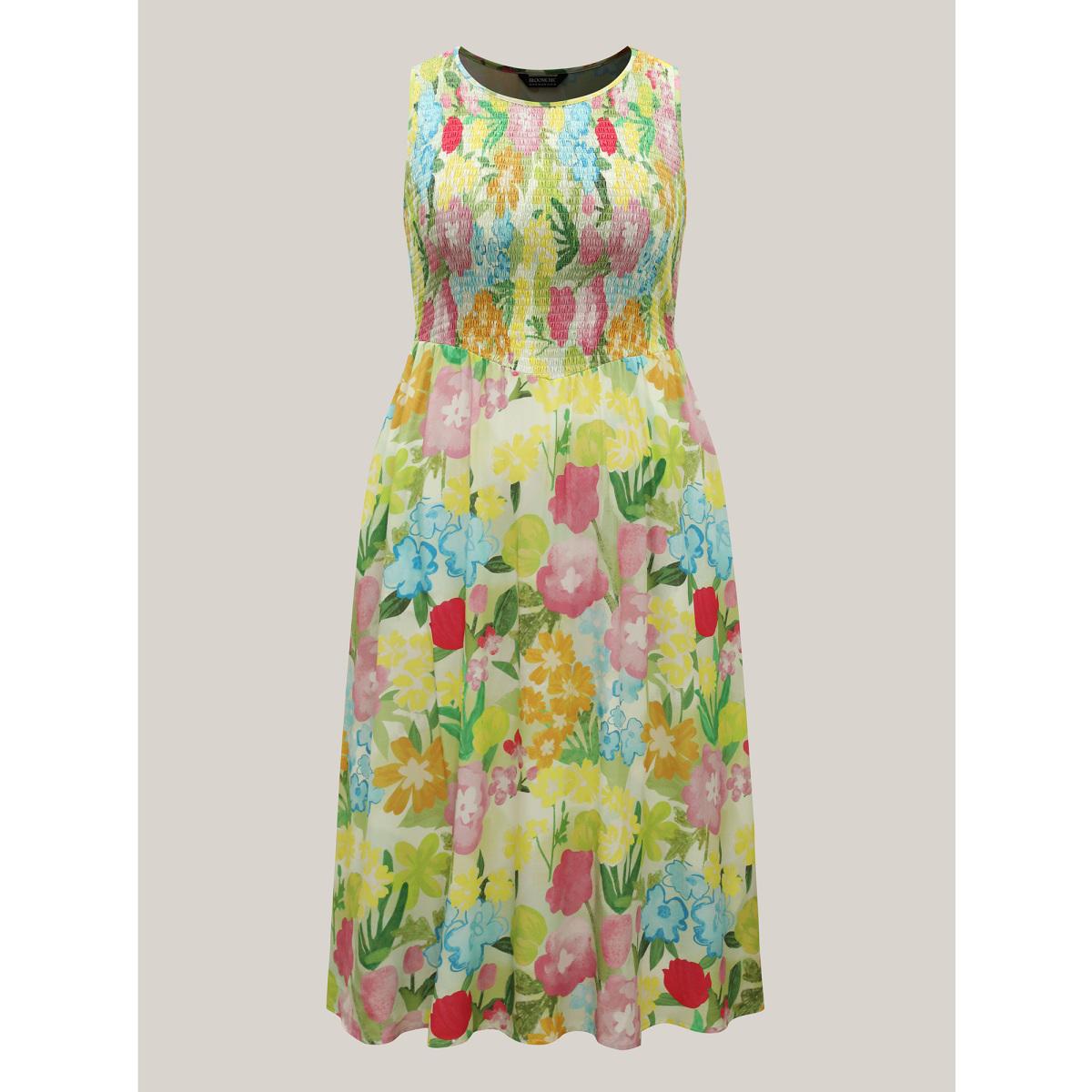 Plus Size Neon Heartbeat Floral Shirred Midi Dress Multicolor Women Round Neck Sleeveless Curvy BloomChic 18-20/2X Product Image