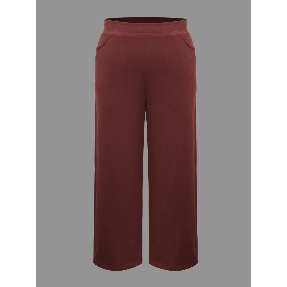 Plus Size Plain Elastic Waist Straight Leg Pants Women Deepred Elegant Straight Leg Mid Rise Everyday Pants BloomChic 12/L Product Image