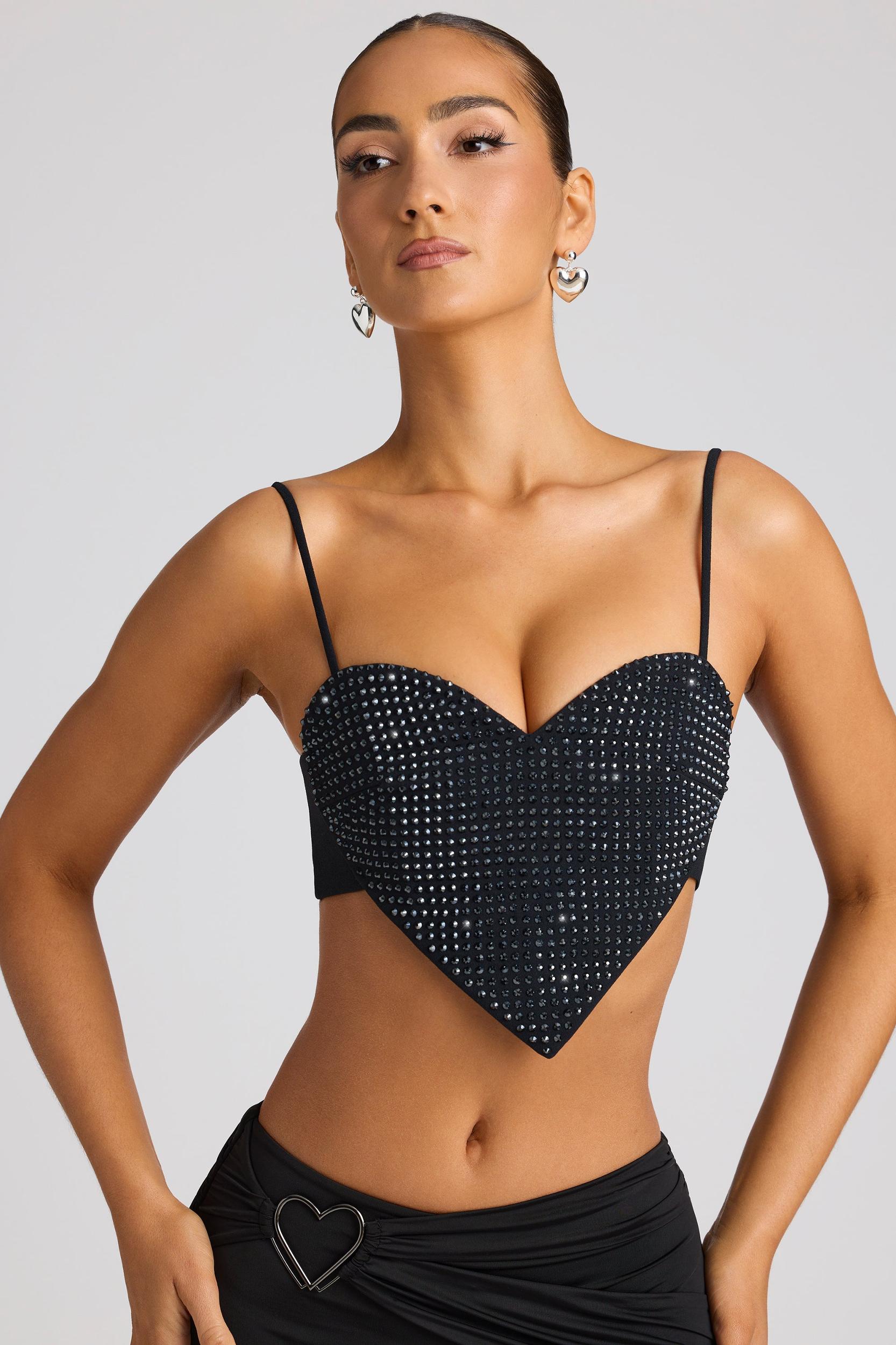Embellished Heart Detail Crop Top in Black Product Image