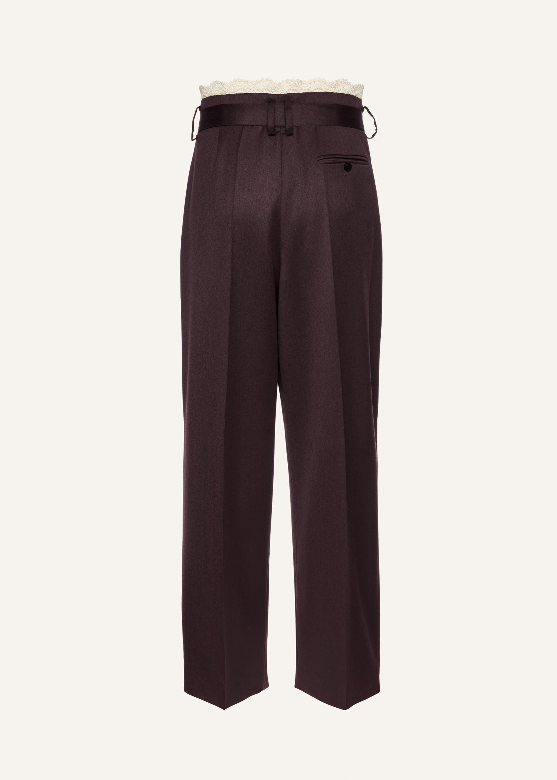 Lace-detail wool tapered trousers in burgundy Product Image
