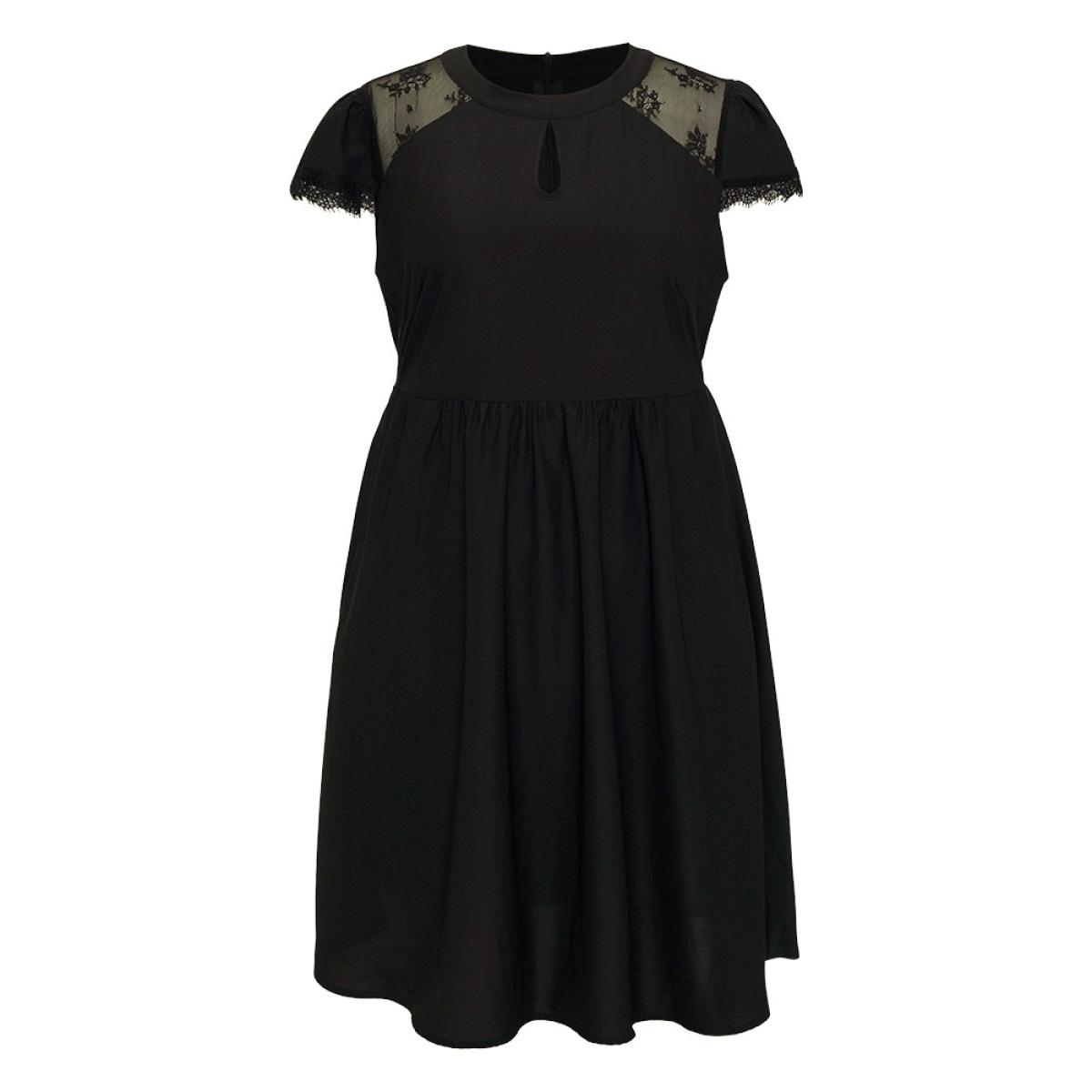 Plus Size Crochet Lace Keyhole Cap Sleeve Gathered Dress Black Women Elegant Round Neck Cap Sleeve Curvy Knee Dress BloomChic 22-24/3X Product Image