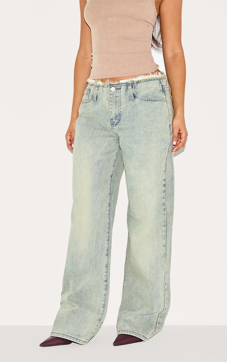 Petite Vintage Wash Fray Waist Low Rise Straight Leg Jeans Product Image