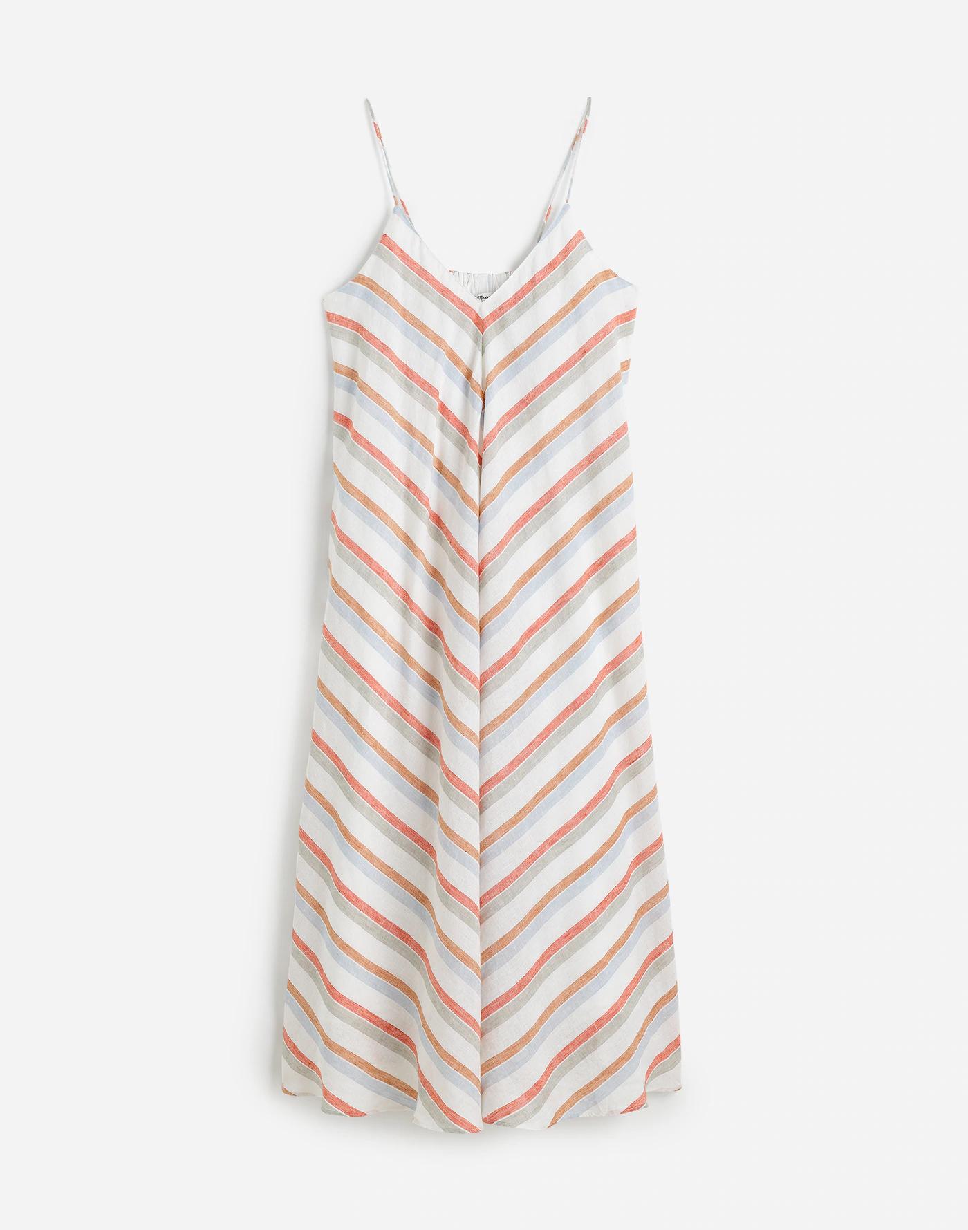 Striped V-Neck Midi Dress in 100% Linen Product Image