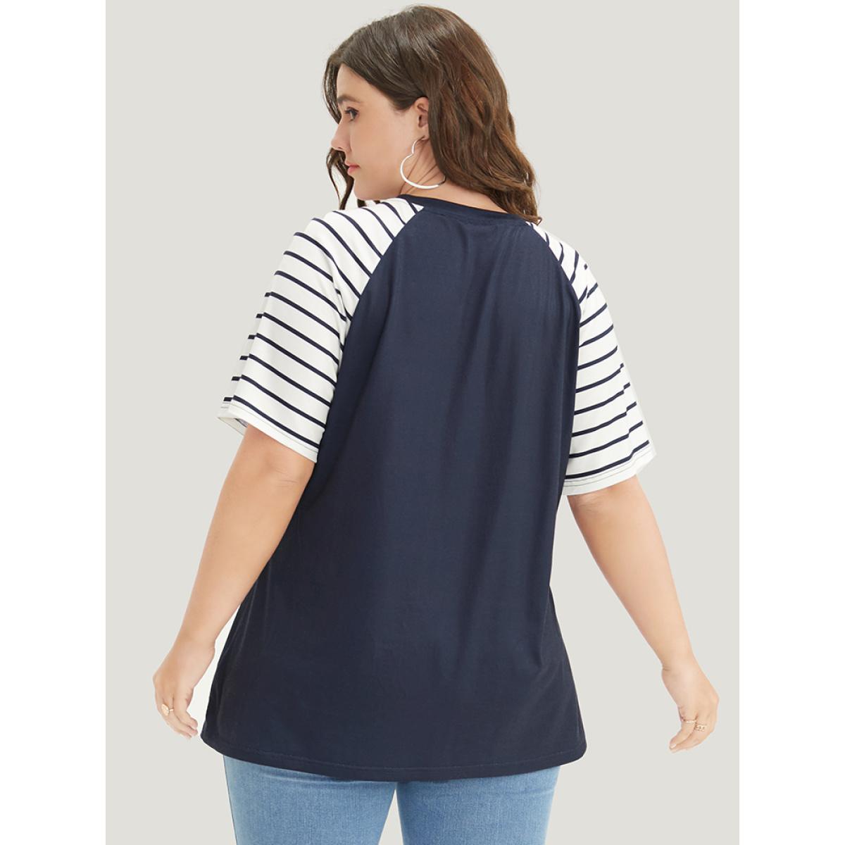 Plus Size Striped Contrast Raglan Sleeve V Neck T-shirt Midnight Women Casual Patchwork Striped V-neck Dailywear T-shirts BloomChic 28/5X Product Image