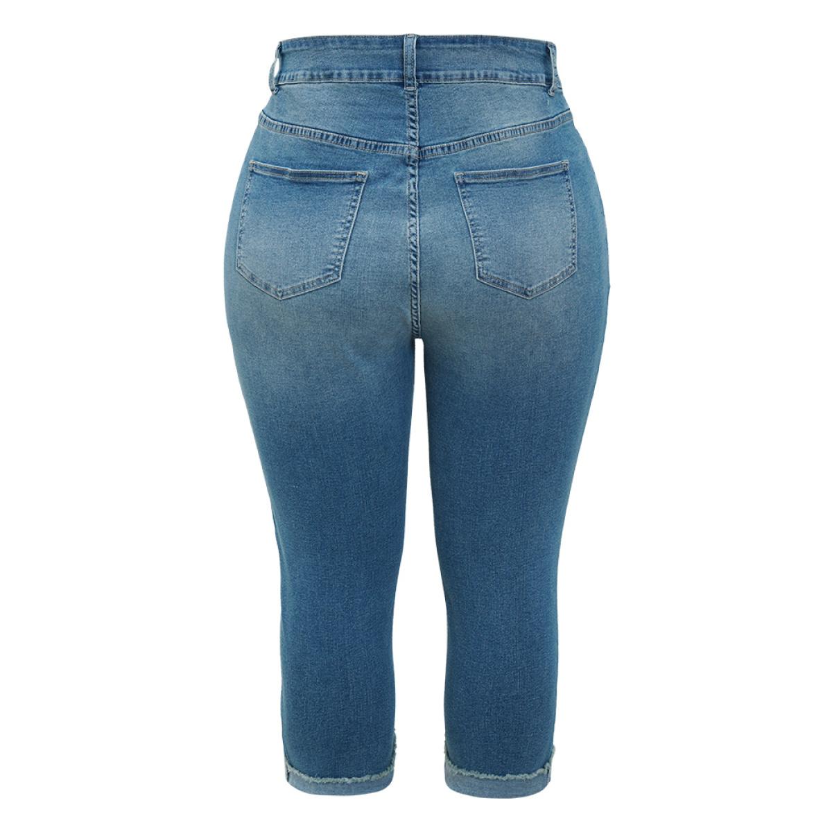 Plus Size Very Stretchy High Rise Medium Wash Roll Hem Cropped Jeans Women Cerulean Casual Plain High stretch Pocket Jeans BloomChic 24/3X Product Image