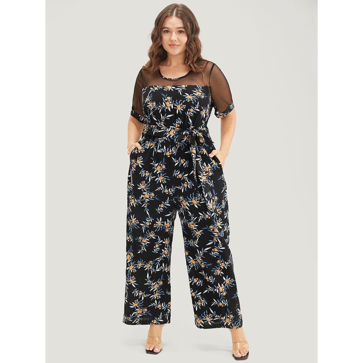 Plus Size Black Floral Mesh Patchwork Crew Neck Pocket Belted Jumpsuit Women Elegant Short sleeve Round Neck Dailywear Loose Jumpsuits BloomChic 22-24/3X Product Image