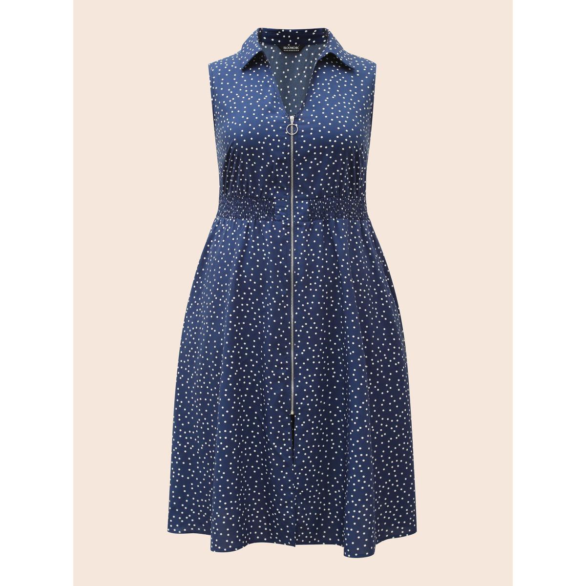 Plus Size Polka Dot Zipper Split Front Sleeveless Dress Indigo Women Elegant Slit V-neck Sleeveless Curvy BloomChic 30/6X Product Image
