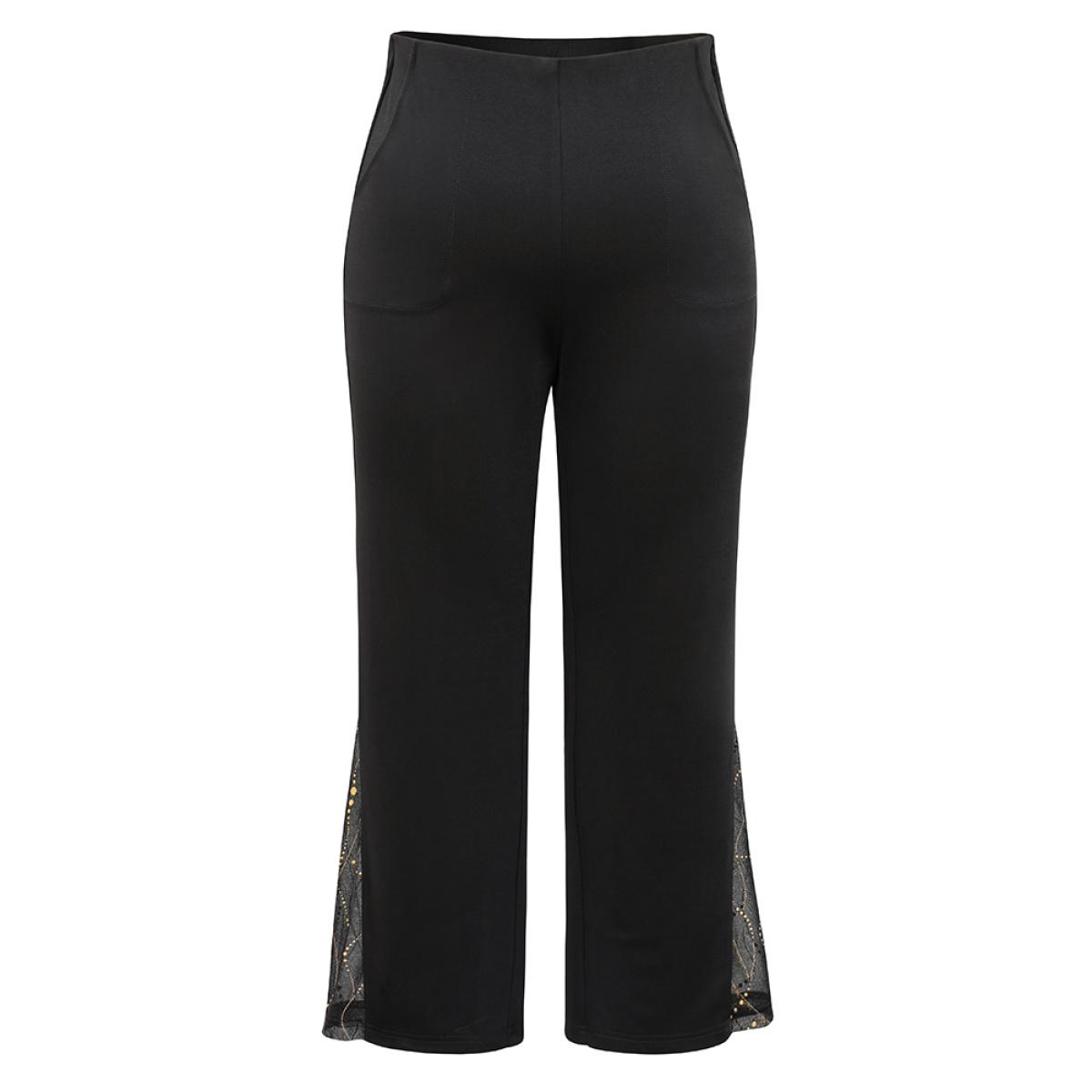 Plus Size Plain Rhinestone Patchwork Mesh Bootcut Pants Women Black Glamour Bootcut High Rise Party Pants BloomChic 30/6X Product Image