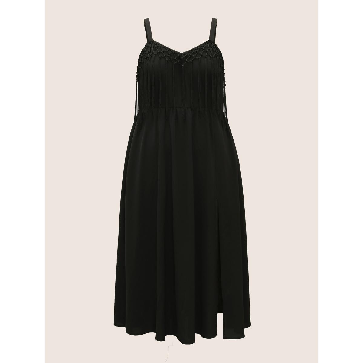 Plus Size Solid Tassel Trim Split Hem Cami Dress Black Women Resort Wraparound straps V-neck Sleeveless Curvy BloomChic 26/4X Product Image