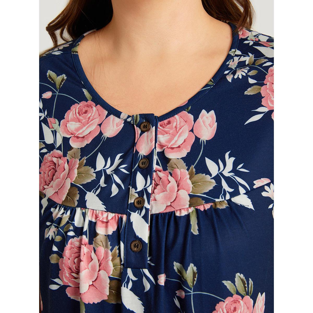 Plus Size Floral Print Button Up Flutter Gathered T-shirt Blue Women Elegant Printed Floral Open Front Dailywear T-shirts BloomChic 30/6X Product Image