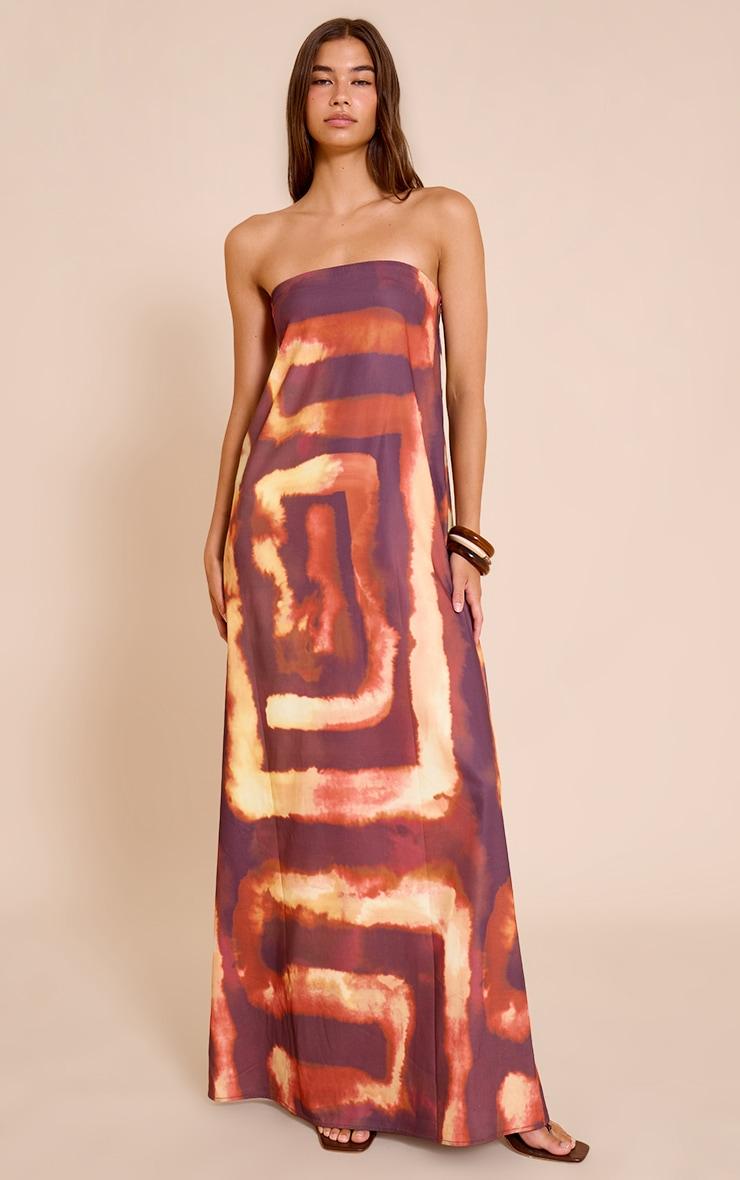 Deep Orange Tie Dye Print Floaty Woven Bandeau Maxi Dress Product Image