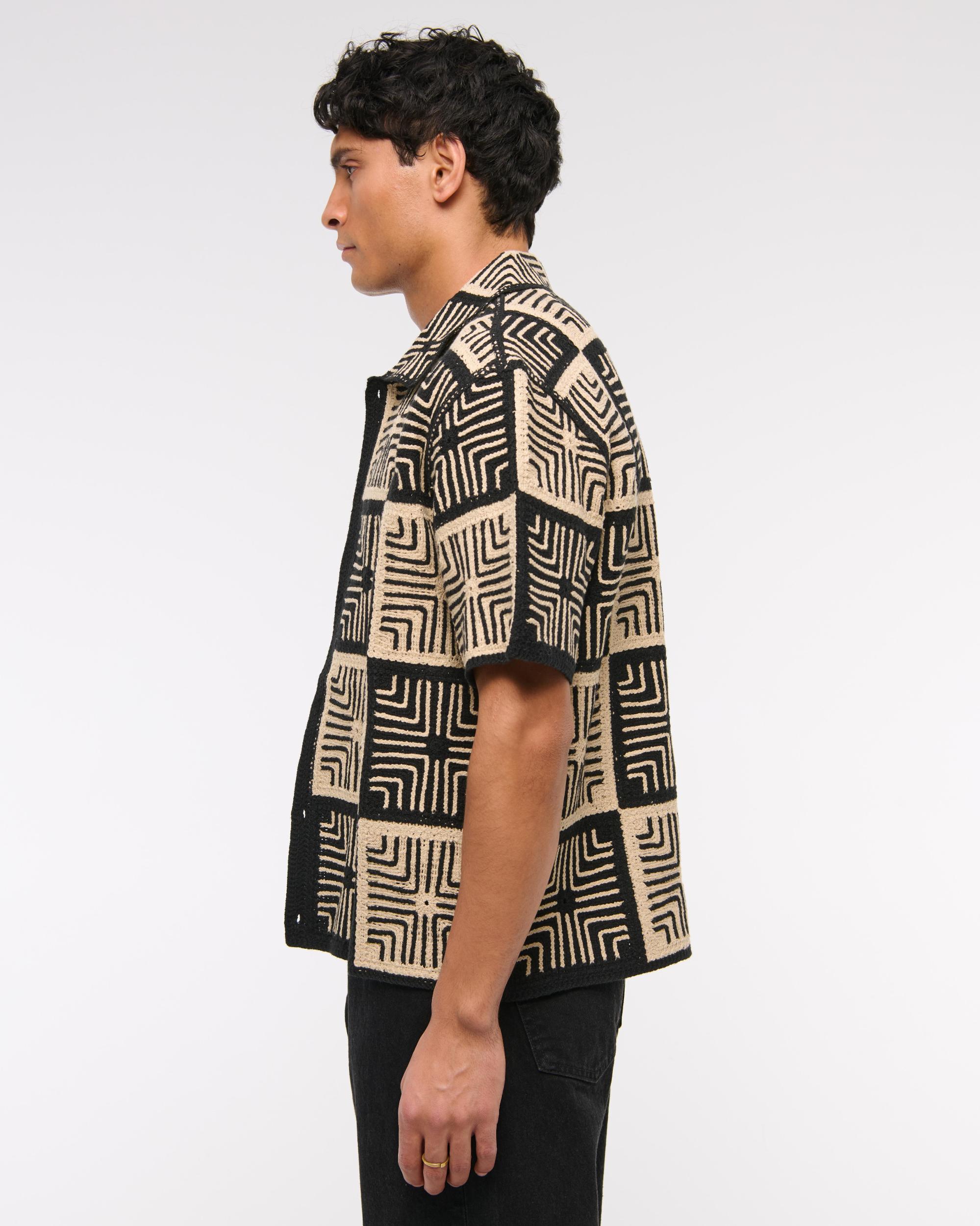 Crochet-Style Border Stripe Button-Through Sweater Polo Product Image