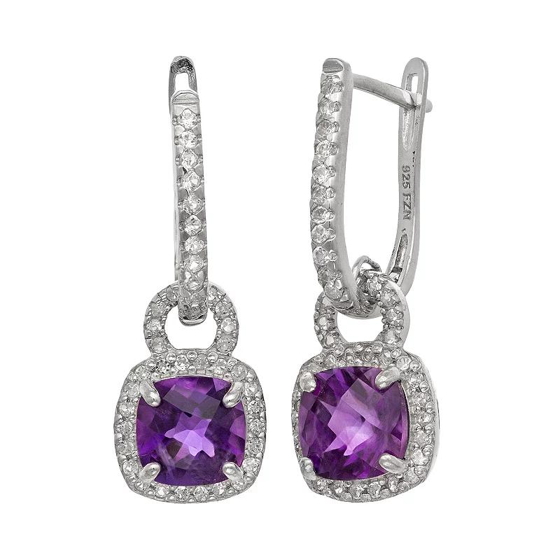 Sterling Silver Amethyst and Lab-Created White Sapphire Square Halo Drop Earrings, Women's, Multi Product Image