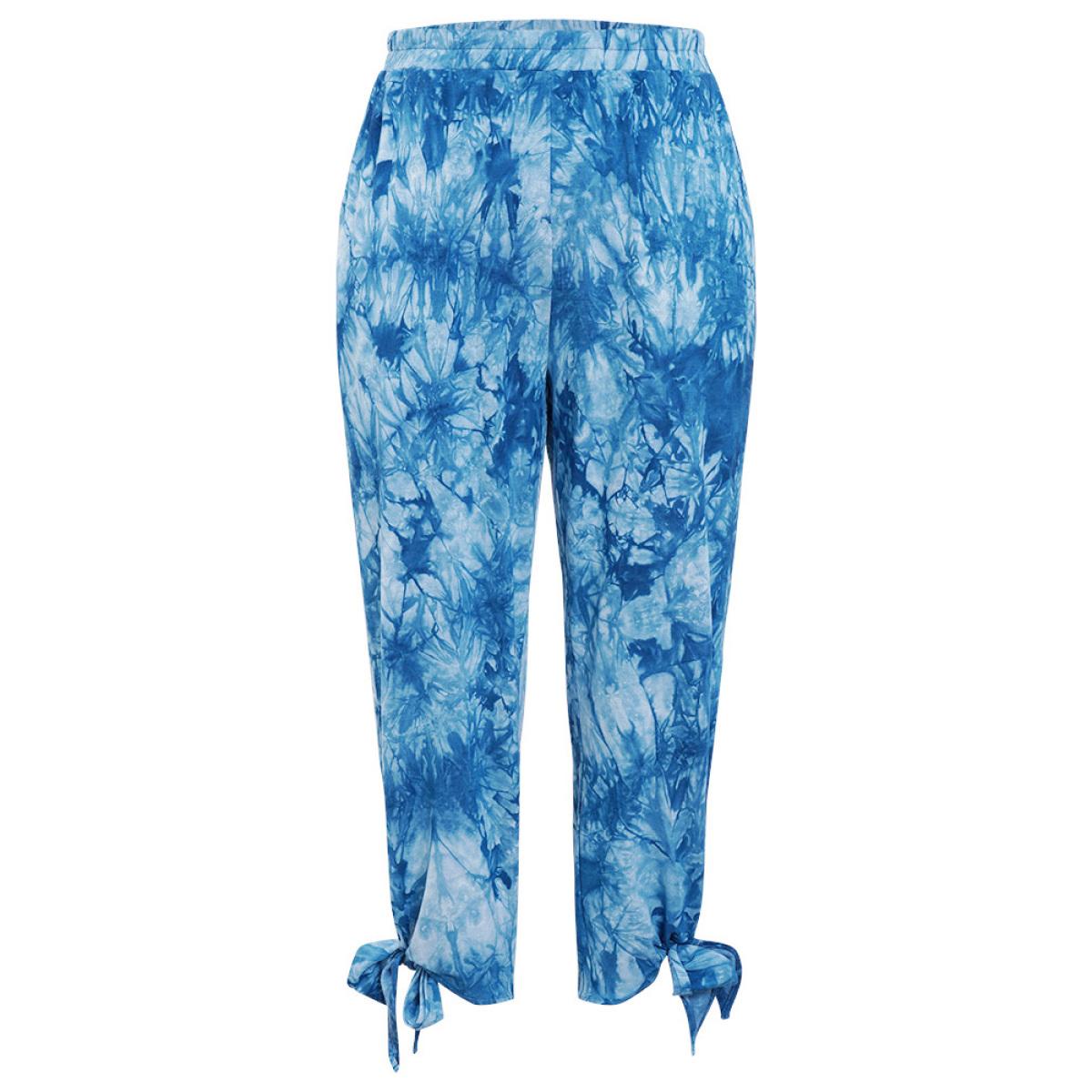 Plus Size Tie Dye Pocket Cut Out Knotted Hem Pants Women Blue Casual Mid Rise Dailywear Pants BloomChic 12/L Product Image